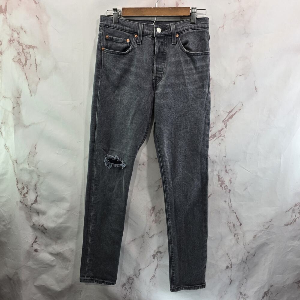 Levis Jeans Womens 27 X 28 Black 501 S Button Fly Distressed Knee Hole Straight